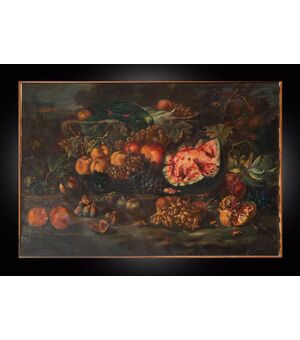 Dipinto antico olio su tela raffigurante Natura Morta con frutta. Roma fine XIX secolo.