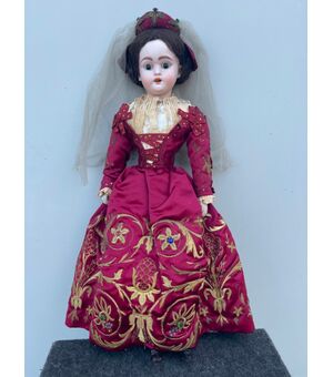 Doll with bisque head and papier-mâché body Embroidered 18th century dress Mayer and Fels signature Milan     