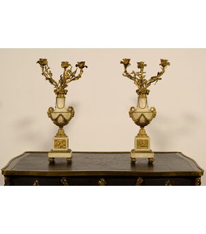 Coppia di candelabri in bronzo dorato e marmo, Francia XIX secolo