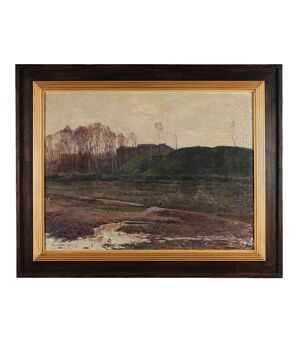 Dipinto di Cesare Maggi Paesaggio con Scorcio Fluviale 1906