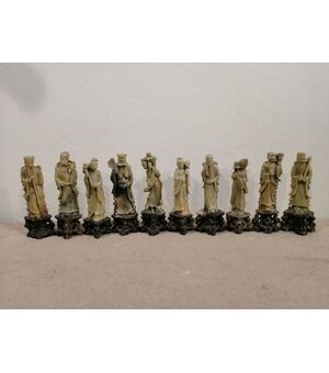 Collezione di 10 statuette cinesi in pietra saponaria XIX secolo - sculture di saggi