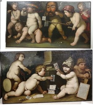 Coppia di dipinti del '700 - Putti che giocano con giochi dell'epoca 