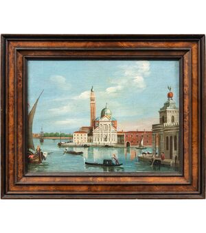 Pittore veneziano (XIX sec.) - Venezia, veduta dell’Isola di S. Giorgio dalla Punta della Dogana.
