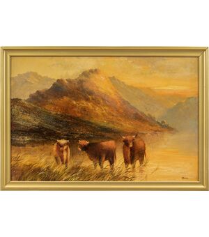 Frank Walters (inglese, XIX-XX secolo) - Bovini delle Highland al lago.