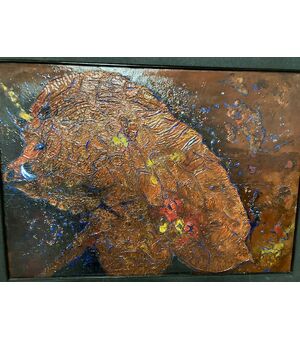 Antico dipinto “ Cinghiale “ arte contemporanea realizzato a smalti policromi . mis : 92 x cm 72  