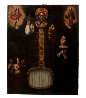 San Nicola da Bari e una devota, con Cristo e la Vergine e i tre bambini risanati