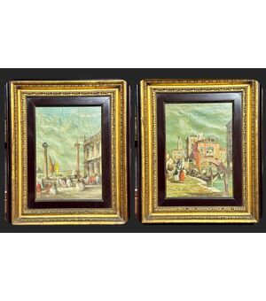 Coppia di dipinti capricci veneziani, firmate E. Zeno - Prima metà del XX sec. 