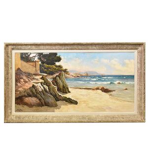 DIPINTI ANTICHI, QUADRI MARE, MARINA COSTA AZZURRA, PITTURA  AD OLIO SU TAVOLA, PRIMI DEL 900.  (QM516)