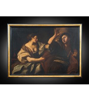 Dipinto antico olio su tela raffigurante "Giuseppe e la moglie di Putifarre". Marche XVII secolo.