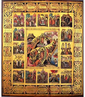 Antica icona russa "le grandi festività e scene dei Vangeli"  VENDUTA