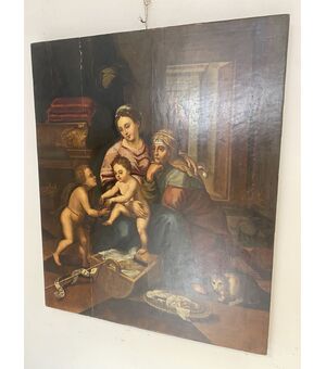 Olio su tavola.  Sacra famiglia con Sant’Anna e San Giovannino . XVI secolo 