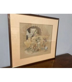 Antico Dipinto acquarello “Scena teatrale “ PRIMI 900 mis63 x 58 