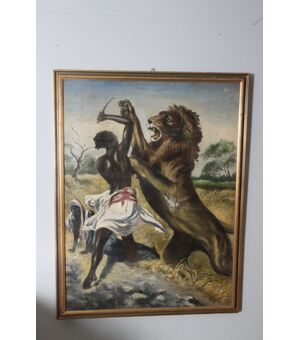 Antico Dipinto 1930 Achille Beltrame  “scena Somala “. Mis 113 x cm 86 . Sulla domenica del Corriere