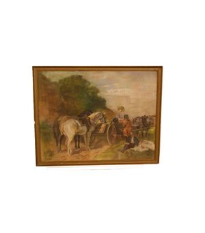 Antico pastello raffigurante paesaggio campestre con carro e personaggi