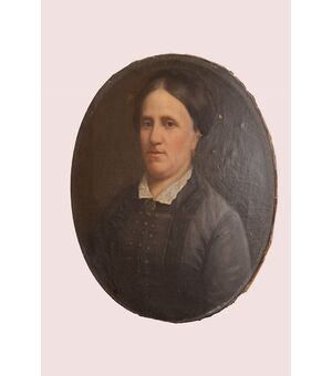 Antico dipinto del 1800 olio su tela ovale ritratto di donna