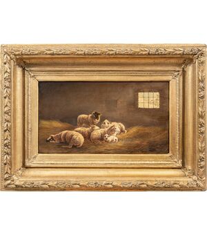 Pittore italiano (XIX sec.) - Pecore nella stalla.