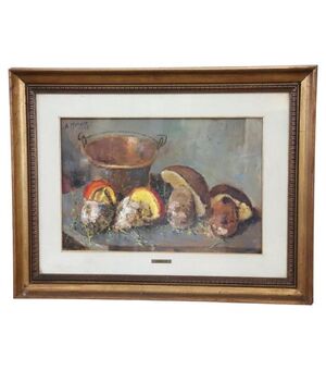 Amedeo Merello, Natura morta con funghi, dipinto Olio su tavola PREZZO TRATTABILE