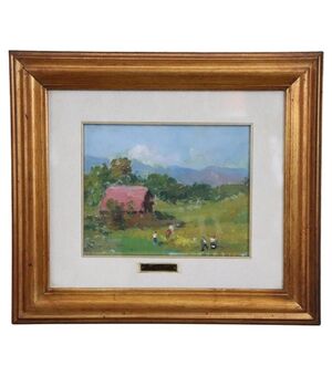 Amedeo Merello, Paesaggio di campagna con contadini, Olio su tela PREZZO TRATTABILE