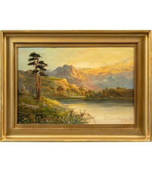 Pittore europeo (fine XIX sec.) - Paesaggio montano con fiume.