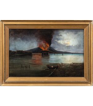 Pittore italiano (XIX sec.) - Golfo di Napoli con eruzione del Vesuvio.