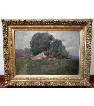 Quadro olio su tela francese del 1800 firmato raffigurante paesaggio campestre con casa