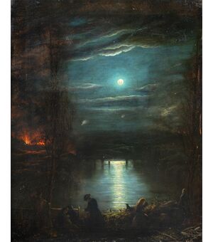 Pittore italiano (inizi XIX sec.) - Paesaggio al chiaro di luna con incendio.