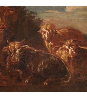 Italian painting from the 17th century, landscape with grazing goats and cows