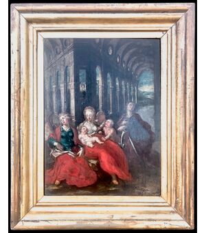 Dipinto olio su tavola Madonna con Bambino e personaggi con architetture.Cornice dell’800.
