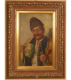 Antico Dipinto olio su tela di Andor G. Horvath (1876-1966) "Uomo con Pipa e Brocca"