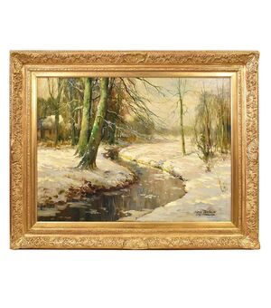 QUADRO ANTICO PAESAGGIO CON NEVE, OLIO SU TELA, PAESAGGIO CON FIUME, PRIMI DEL 1900. (QP529)