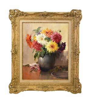 QUADRI ANTICHI, NATURA MORTA CON FIORI DI DALIE, OLIO SU TELA, XX SECOLO. (QF544)