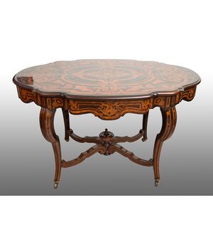 Tavolino/Scrittoio Napoleone III Francese in legni esotici pregiati con innesti di intarsio in argento. Periodo XIX secolo.
