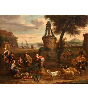 Paesaggio costiero con scena di mercato, Alexander van Bredael (Antwerp 1663 - 1720)