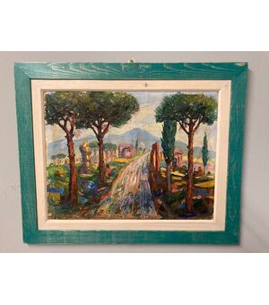 Antico dipinto viale alberato anni 40 olio su tela materico. Bellissimo . Mis 80 x 71 