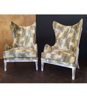 Pair of large vintage armchairs in animalier velvet - 20th century     