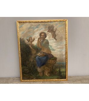 Antico grande dipinto Liberty art nouveau 1930 “ Contadina e Putti “  dipinto a pastello cm 86 x 69 in cornice coeva .