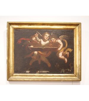 Dipinto Olio su tela italiano del 1600 raffigurante 3 angeli cherubini e le "tavole della Legge"