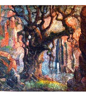 QUADRO SIMBOLISTA OLIO SU TELA   "Grande albero con donna nuda distesa"  FIRMATO (firma illeggibile tipo Picard ??) FRANCIA  anni '30 