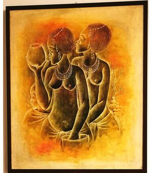 Quadro olio su tela "Due donne nude tribali" - Zaire (CONGO) - Africa - Firmato e datato: NGOMBE 1980, 70 x 84 - 69 x 83
