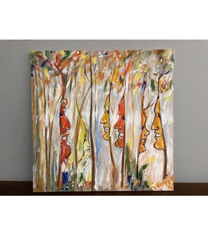 Dipinto di arte contemporanea a smalti policromi su tela . Celaia 1980 mis cm 80 x 80 