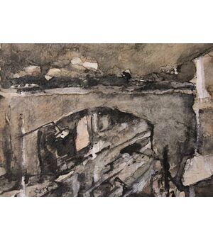Mario Sironi (Sassari, 1885 – Milano 1961) “Periferia urbana- Il ponte ” tecnica mista su cartone