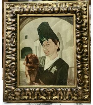 QUADRO olio su tavola di IGINIO SARTORI (1903-1984)  "Donna con cane" del 1943  - CREMONA  46x39,5 con cornice, 34x26