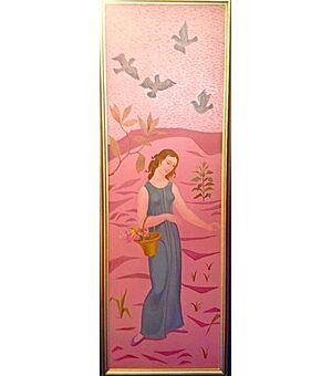 Tre grandi dipinti anni '30 di Valère Saive (Bressox 1908 - Liegi 1987 - Belgio)  "La Primavera". Con cornice H 200 cm  Olio su tavola.