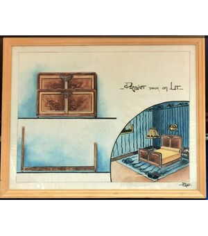 Tempera originale su carta  - Progetto di camera letto anni '20 / '30 - Francia - Firmato  cm 40 x 50