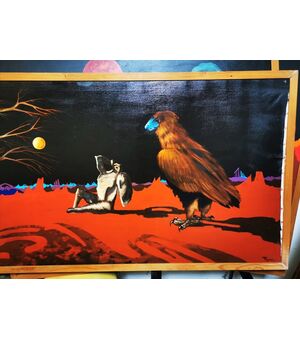 Opera di Paolo Fergnani, artista ferrarese, ora scomparso. "OMBRA DEL PASSATO" - Olio su Tela del 1977 - 106 x 206 cm - Un aquila e un resto di umano si confrontano in un mondo distrutto e post disastro ambientale
