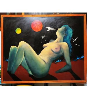 Opera di Paolo Fergnani, artista ferrarese, ora scomparso. "ULTIMO SOLE" Olio su Tela del 1977 - 127 x 158 Una donna nuda, icona di un mondo che fu, affonda nel colore e nella nebbia.