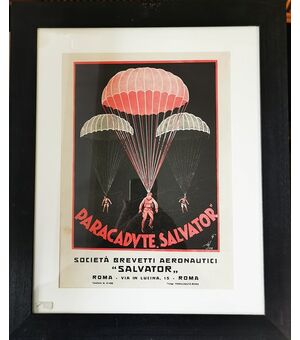 Litografia pubblicitaria futurista su cartoncino. Paracadute SALVATOR. Inserto in cartoncino de "L'Ala d'Italia" 1927 Firmata. Litografia: 27 x 35 cm, Con Cornice: 36 x 44 cm