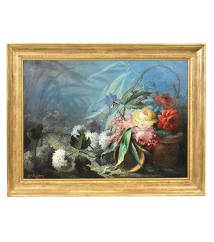 QUADRI ANTICHI, NATURA MORTA CON FIORI, ROSE E ORTENSIE, OLIO SU TELA, DELL 800. (QF557)