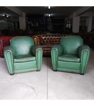 Coppia di poltrone club francese in pelle verde degli anni '40 - '50