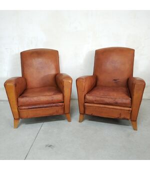 Coppia di poltrone club francese in cuoio cognac degli anni '50